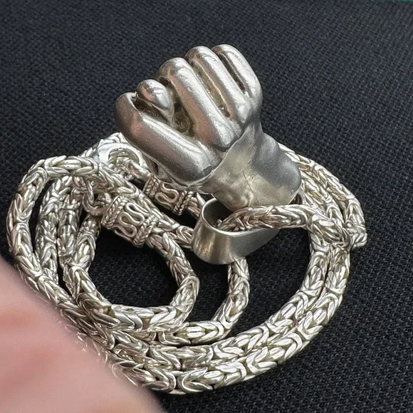 .925 Silver Figa Amulet On 24 Byzantine Chain / 80 GRAMS OF SILVER !!!